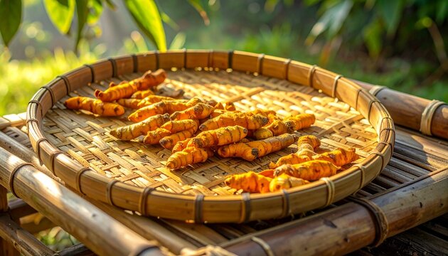 Traditional Bamboo Tray with Fried Food Outdoors.