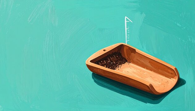 Miniature Wooden Boat Floating on Turquoise Water Surface.