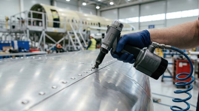Factory worker assembling airplane fuselage with pneumatic rivet gun in plant