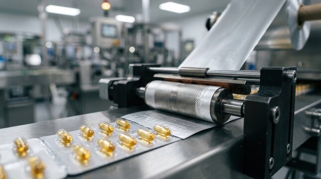 Blister packaging machine packaging capsules in pharmaceutical factory