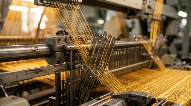 Industrial textile loom weaving yellow threads in a factory