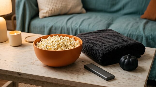 Relaxing cozy evening indoors with a large bowl full of fluffy popcorn a television remote and a comfortable inviting sofa setting