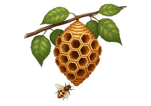 Detailed beehive on a tree branch isolated on a transparent background