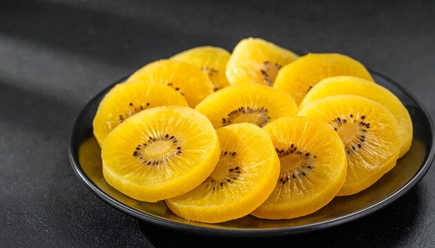 Sliced Kiwi Fruit in a Black Bowl on Dark Background.