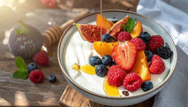 Fresh fruit and yogurt bowl with berries and honey.