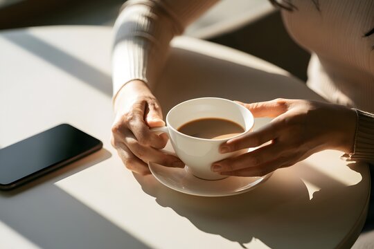 Smartphone liegt w&auml;hrend einer ruhigen Kaffeepause unbenutzt auf dem Tisch