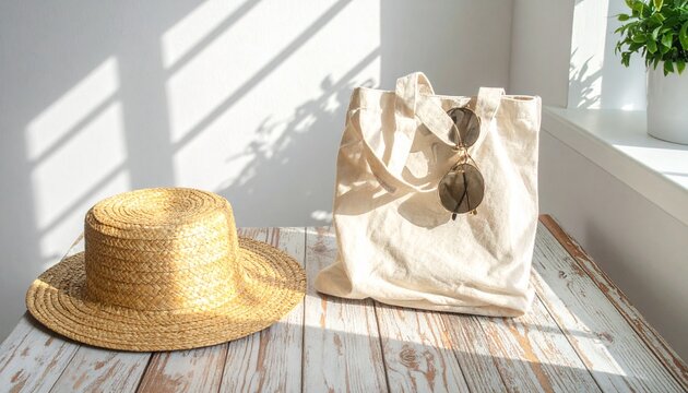 Straw hat and tote bag on wooden floor in sunlight.