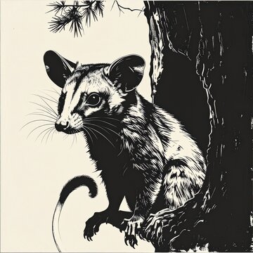 Opossum perched on tree branch black and white illustration.