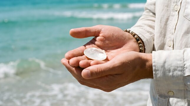 Hands holding seashells on a sandy beach with a blurred ocean background