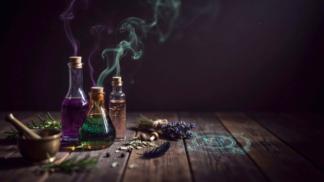 Three glass potion bottles with colorful liquid and rising smoke, placed on a dark wooden table with herbs, a mortar, and a pestle for alchemy