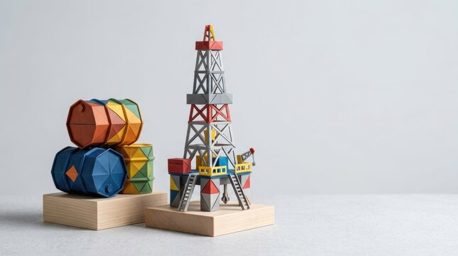 Colorful stacked oil barrels and a miniature drilling rig model on wooden blocks