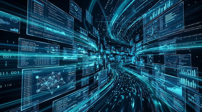 Futuristic digital data tunnel with glowing blue binary code and motion blur effect