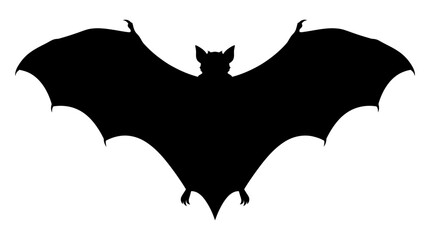 Fototapeta premium Bat silhouette with outstretched wings is depicted in a minimalist black and white graphic design against a pure white background, suitable for Halloween themes.