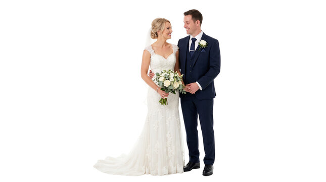 Elegant wedding couple in formal attire, smiling bride in white lace dress with groom in navy suit, romantic marriage portrait isolated PNG with Transparent Background