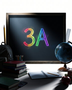 Colorful chalkboard with the number 3A and school supplies on desk  