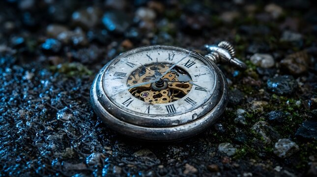 Antique Broken Pocket Watch with Cracked Glass Face Lying on Dark Wet Asphalt Street Surface