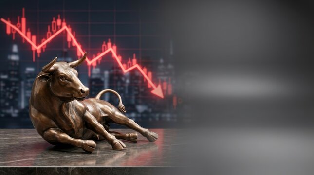 Bronze bull sculpture on a marble surface against a blurred cityscape and a descending red stock market graph