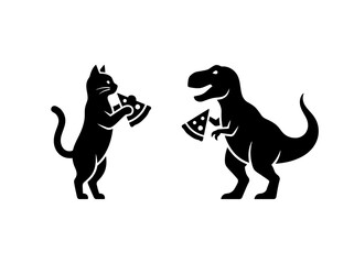 Black silhouettes of a cat and a T-Rex dinosaur standing and holding slices of pizza on a white background. © davis