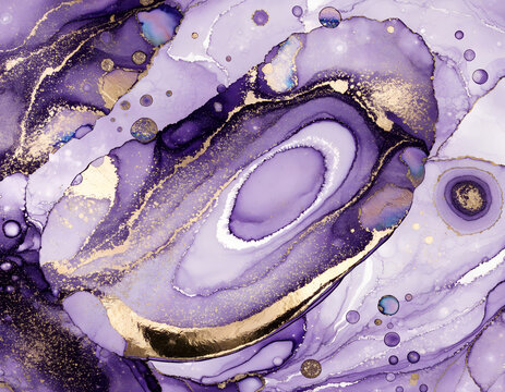 Purple liquid marble fluid background with shiny gold metallic accents.