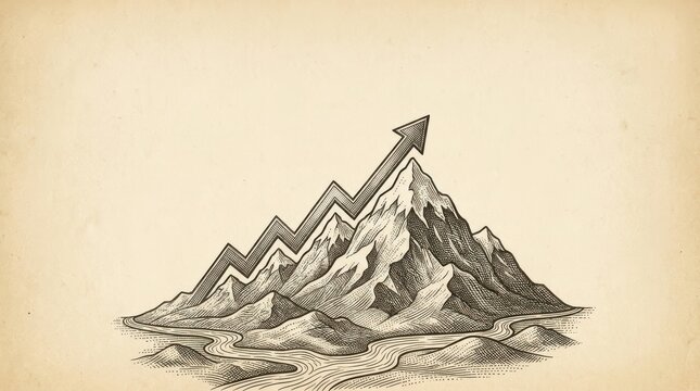 An ascending arrow graph emerges from a mountain peak in a vintage illustration global economy