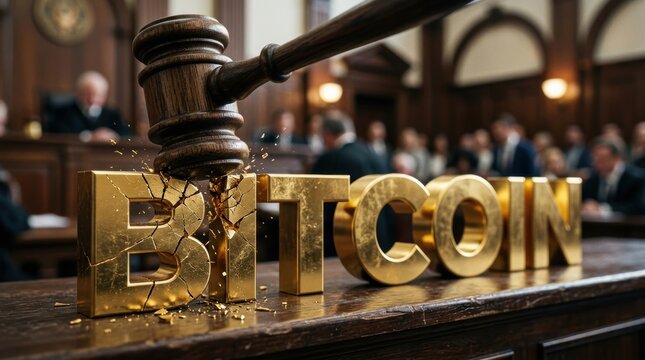 Wooden gavel striking large golden letters spelling BITCOIN causing them to crack