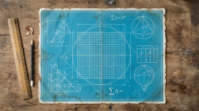 Vintage Architectural Blueprint with Geometric Diagrams and Mathematical Formulas on Rustic Wood