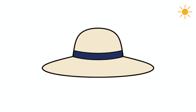 Stylish straw sun hat decorated with a dark blue ribbon, isolated on a clean white background with a bright sun icon.