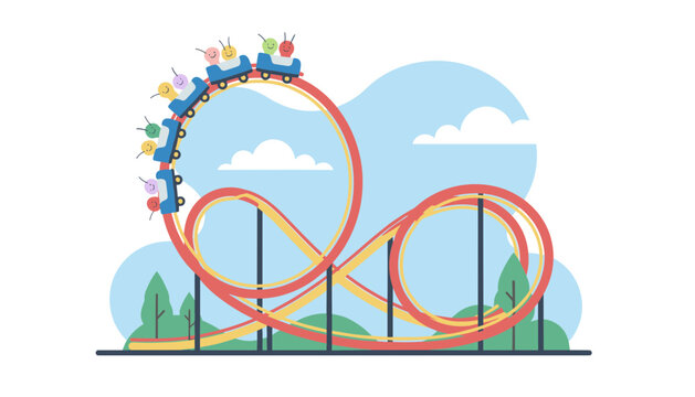 Colorful cartoon roller coaster track with smiling riders in cute caterpillar cars looping under a bright blue sky.