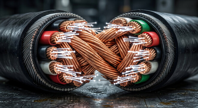 Hybrid Fiber Optic and Copper Cable Connection Close Up
