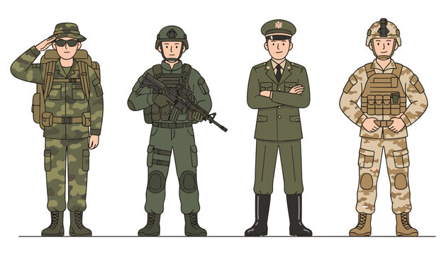Set of military soldiers in various uniforms and tactical gear vector illustration.svg