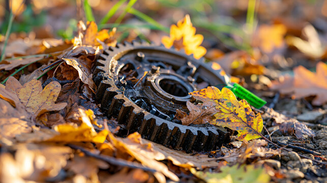 A single worn mechanical gear half buried in golden autumn leaves on a forest path, macro detail of mechanical engineering artifact, green economy workforce retraining tag tied to its spoke, warm lo