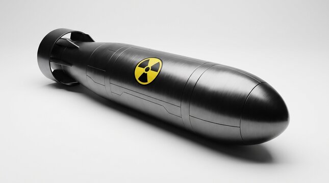 Black nuclear warhead model with radiation symbol on white background representing military power and global security threat