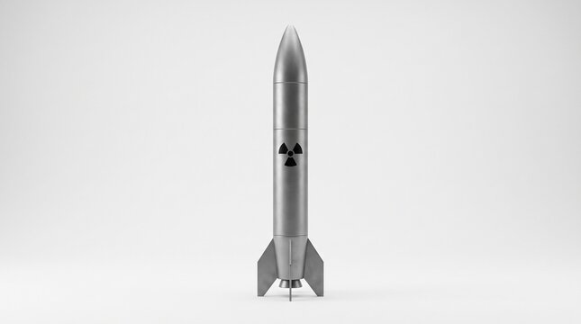 Vertical view of a sleek silver atomic rocket with radiation hazard symbol isolated on white background depicting strategic nuclear weapons