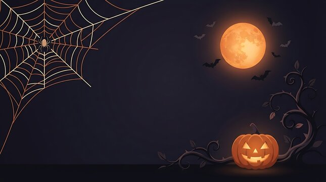 Halloween background with a glowing jack o lantern pumpkin spider web and a full moon in a dark night sky