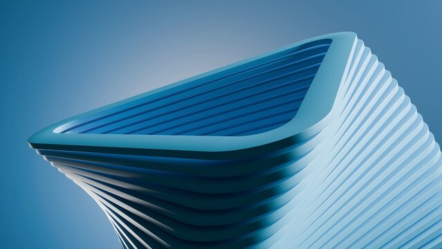 Modern abstract blue 3D geometric twisted structure, ideal for tech background, modern architecture cover, banner, and minimalist digital design presentation