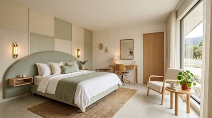 Fototapeta premium Modern hotel bedroom interior with sage green headboard and minimalist furniture design