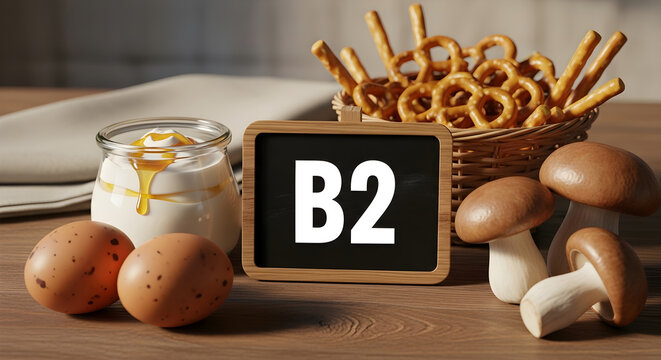 Vitamin B2 rich foods and supplement with wooden spoon and basket of pretzels on wooden table