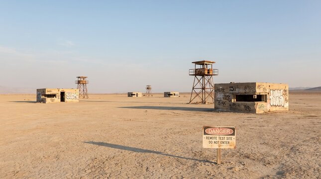 Abandoned military bunkers and watchtowers in arid desert nuclear testing area with danger warning sign