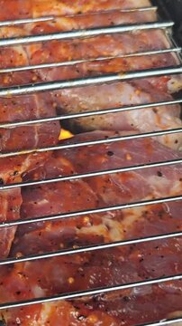 Grilling meat on a barbecue in a backyard during a summer afternoon