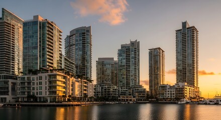 Naklejka premium Waterfront apartment buildings with balconies at sunset by calm marina