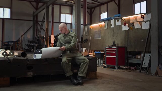 Young adult Caucasian male welder sitting in workshop, unrolling and examining technical blueprint paper. Footage is ideal for industrial manufacturing promotions or vocational training campaigns