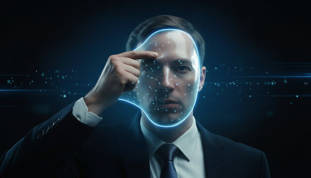 A businessman touching a futuristic glowing neon digital mask on his face with data particles. Cyber security, artificial intelligence identity, and biometric interface verification concept.