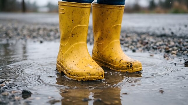 Bright yellow rain boots standing in a puddle on a wet gray day