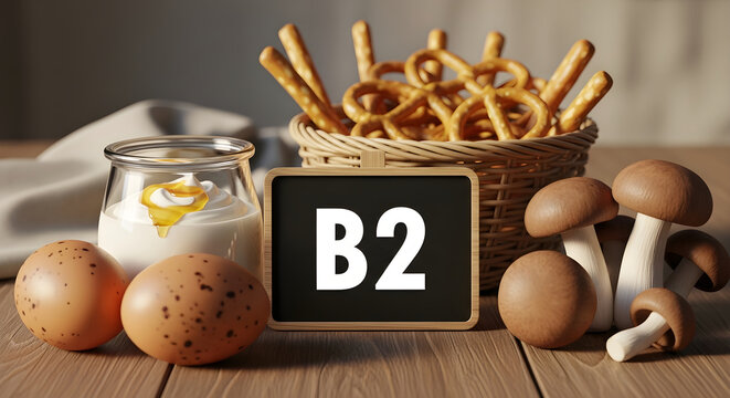 Vitamin B2 rich foods and supplements on wooden table with natural light for health concept
