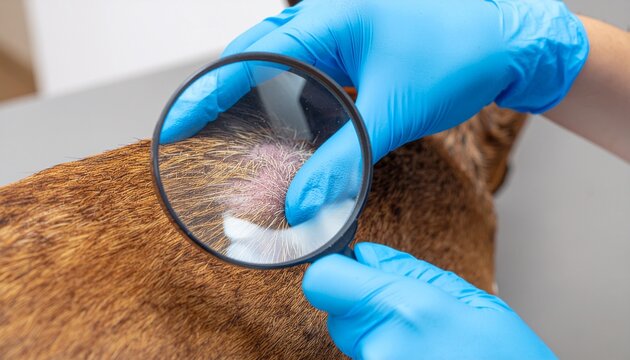 Close up of a vet hands in blue gloves holding a magnifying glass to examine a dog skin ringworm and round scaly lesion. Veterinary care, canine dermatology, and pet healthcare concept.