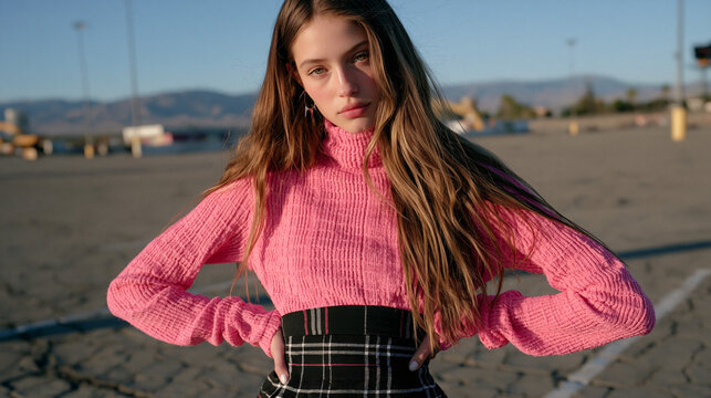An influencer model standing alone in a cracked urban wasteland lot, styling her own content shoot without a crew, quantitative easing era luxury fashion framing a desolate backdrop, solitary crowd 