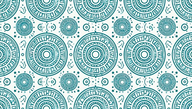 Seamless teal and white tribal mandala pattern featuring ethnic geometric circles and ornamental folk art motifs for textile design