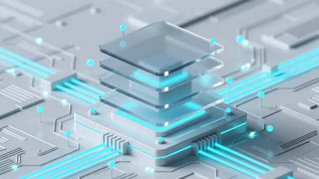 Representing mergers and acquisitions in finance glass layers floating above glowing futuristic microchip processor on white motherboard circuit render