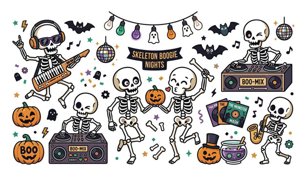Cute Halloween Skeleton Boogie Nights Vector Illustration Collection with DJ Skeletons, Keytar Musician, Dancing Bones, Saxophone Player, and Disco Party Elements