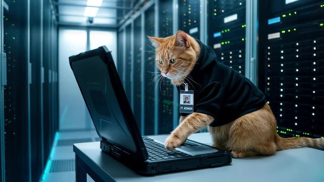 Ginger cat wearing black hoodie and ID badge using laptop in server room. Funny IT administrator concept. Lockdown shot.